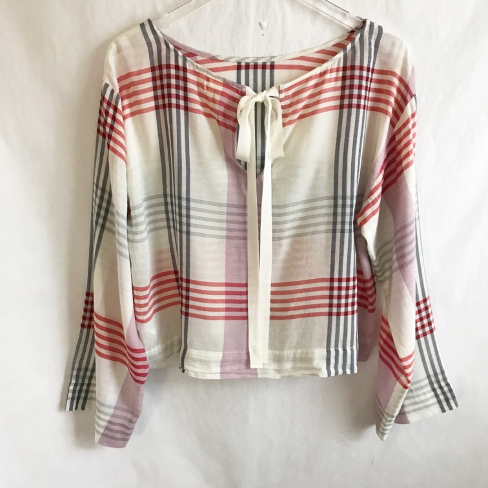 Anthropologie X Cloth & Stone Plaid Long Sleeve Top M Red White Blue Nautical